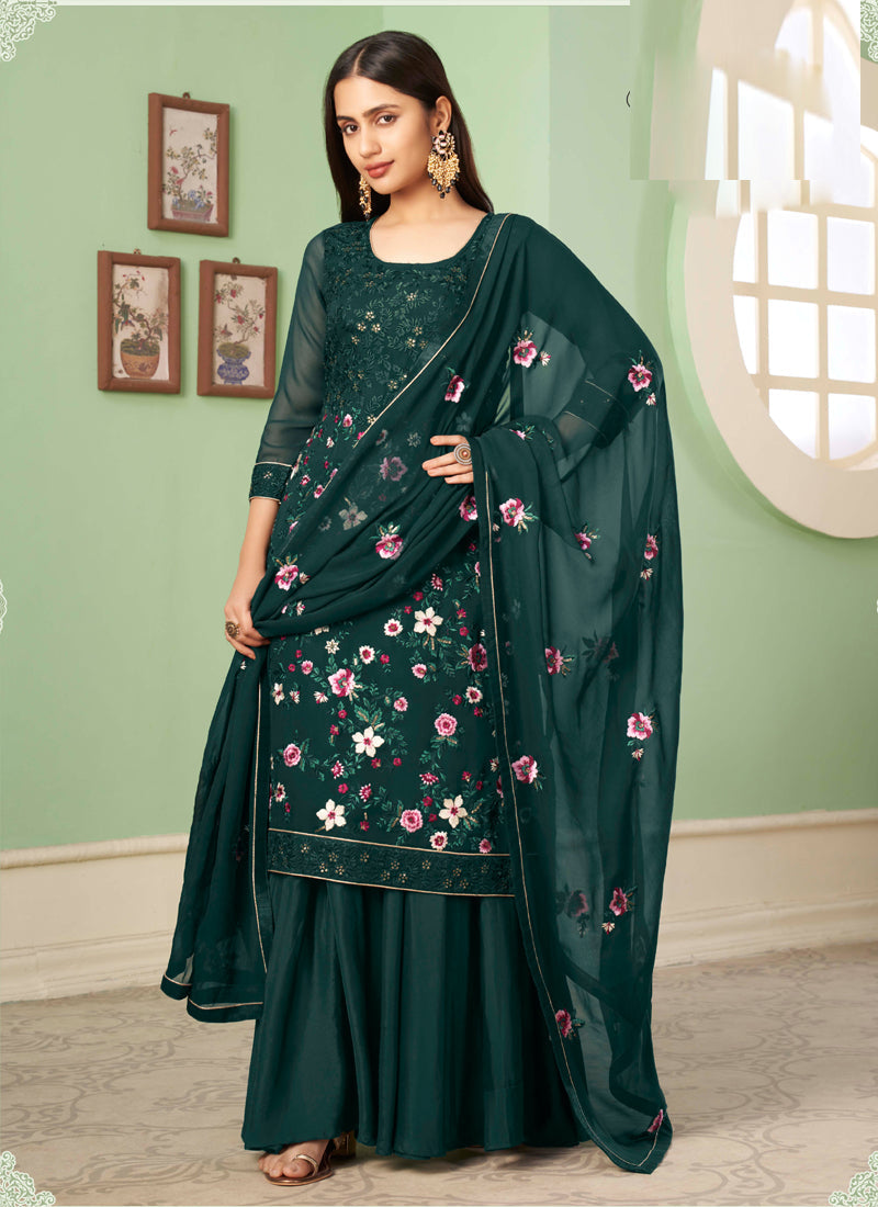 Dark Green Georgette embroidered A-line sharara suit