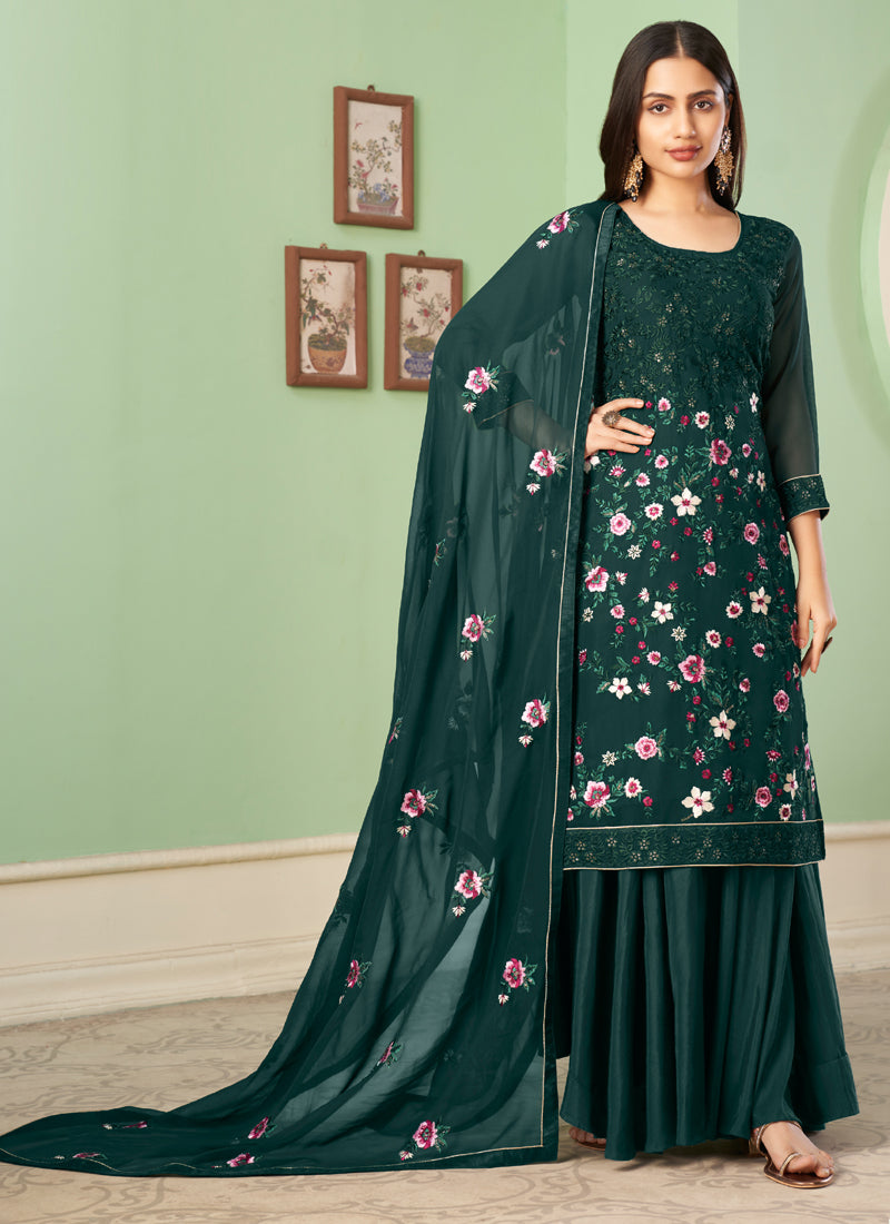 Dark Green Georgette Embroidered Designer Sharara Suit