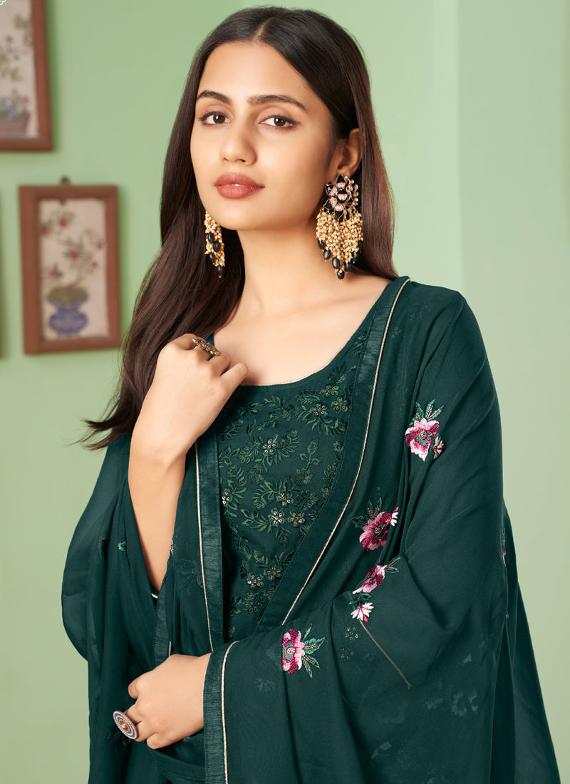 Dark Green Georgette Embroidered Designer Sharara Suit