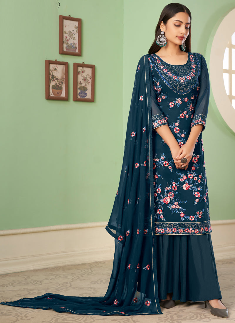 Vegaa Fashion Blue Georgette Embroidery Designer Sharara Suit
