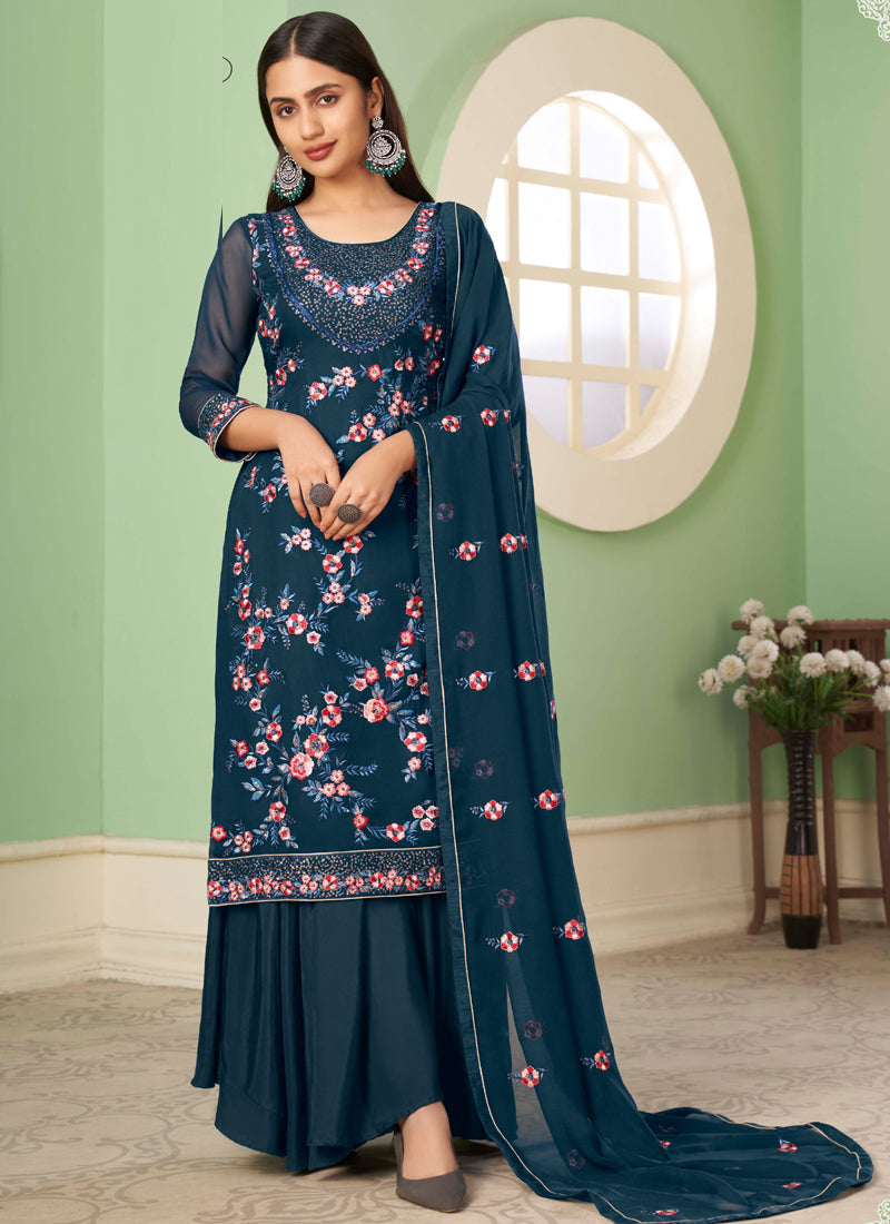 Vegaa Fashion Blue Georgette Embroidery Designer Sharara Suit