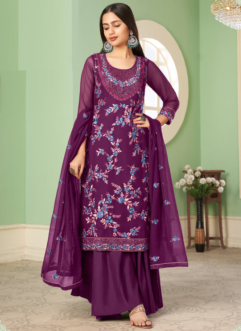 Violet Floral Embroidery A-Line Sharara Suit with Dupatta Set