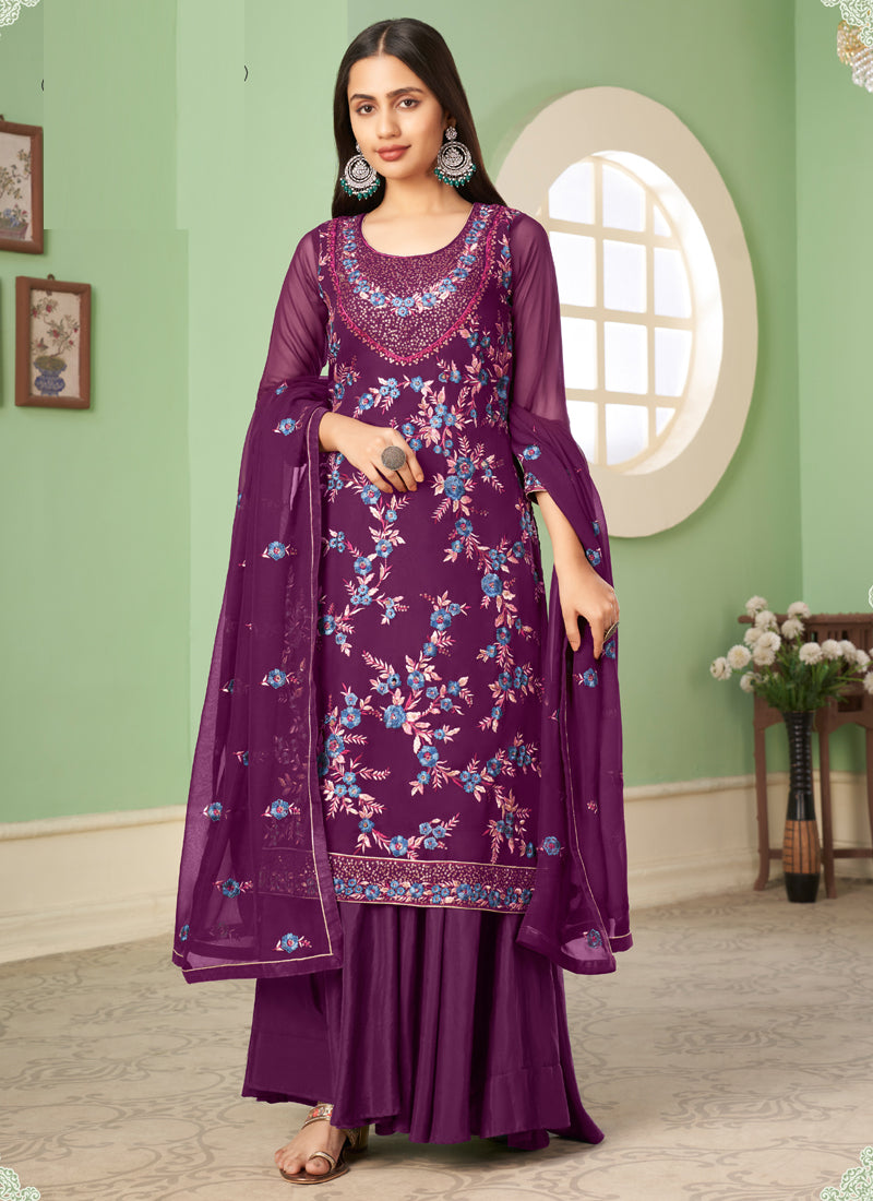Violet Floral Embroidery A-Line Sharara Suit with Dupatta Set