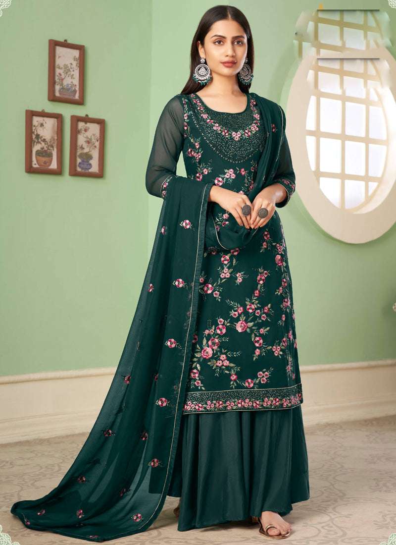 Dark Green Georgette A-line sharara suit with traditional embroidery and matching dupatta