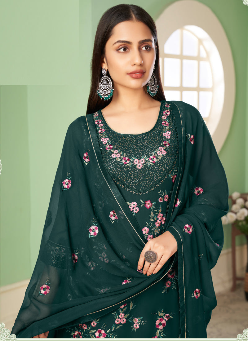Dark Green Georgette A-Line Sharara Suit with Embroidery