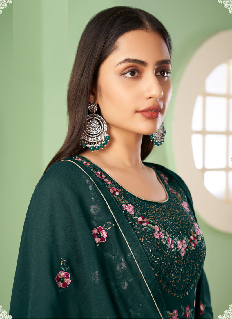 Dark Green Georgette A-Line Sharara Suit with Embroidery