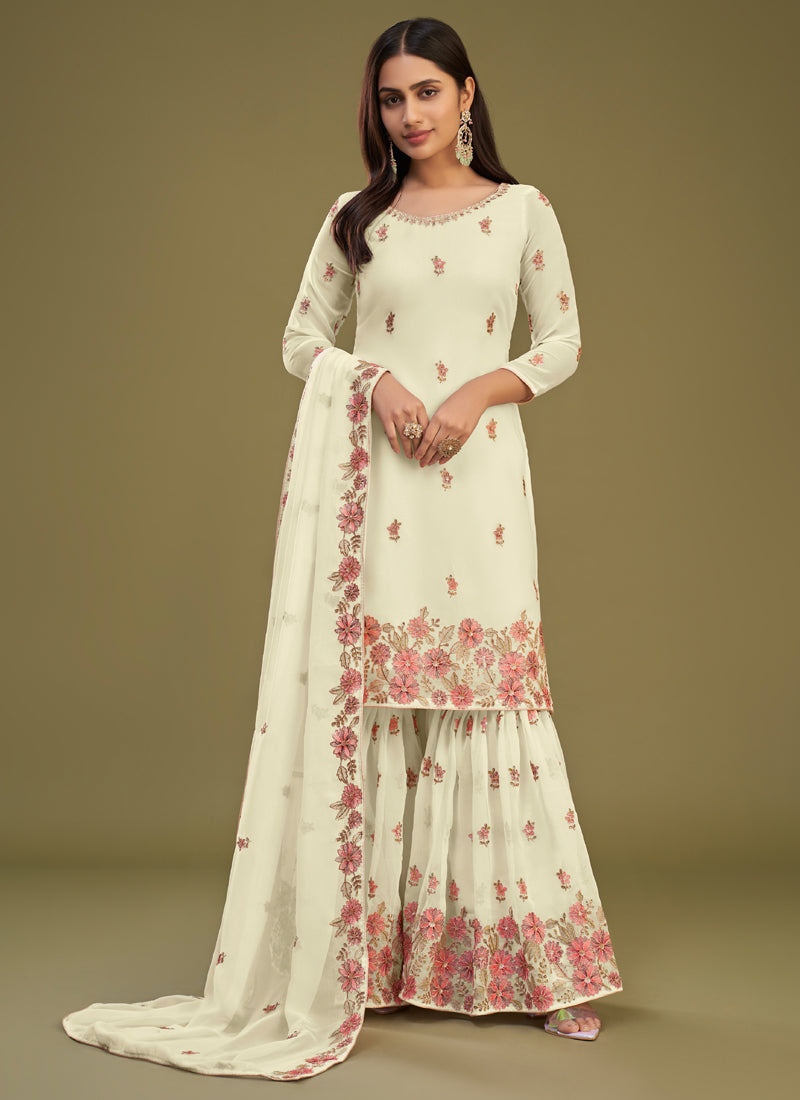 Lemon Yellow Georgette Embroidered Sharara Suit with matching dupatta