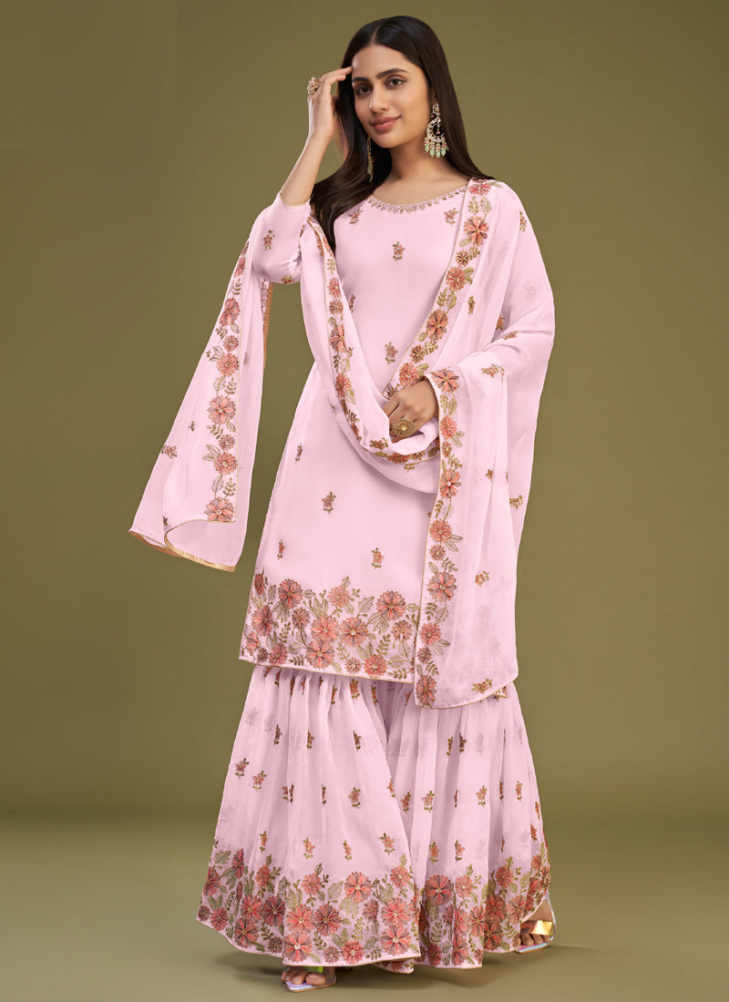 Pink georgette designer sharara suit with embroidery for festive occasions