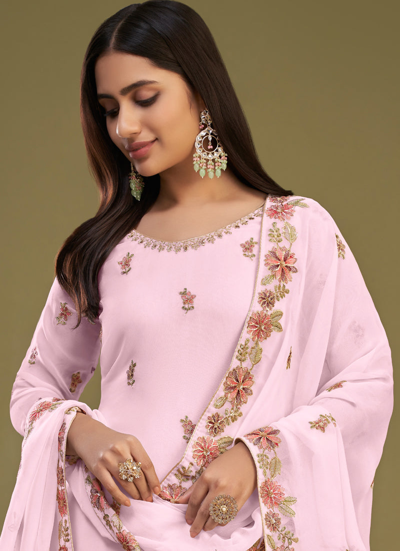 Pink Georgette Embroidered Designer Sharara Suit Set