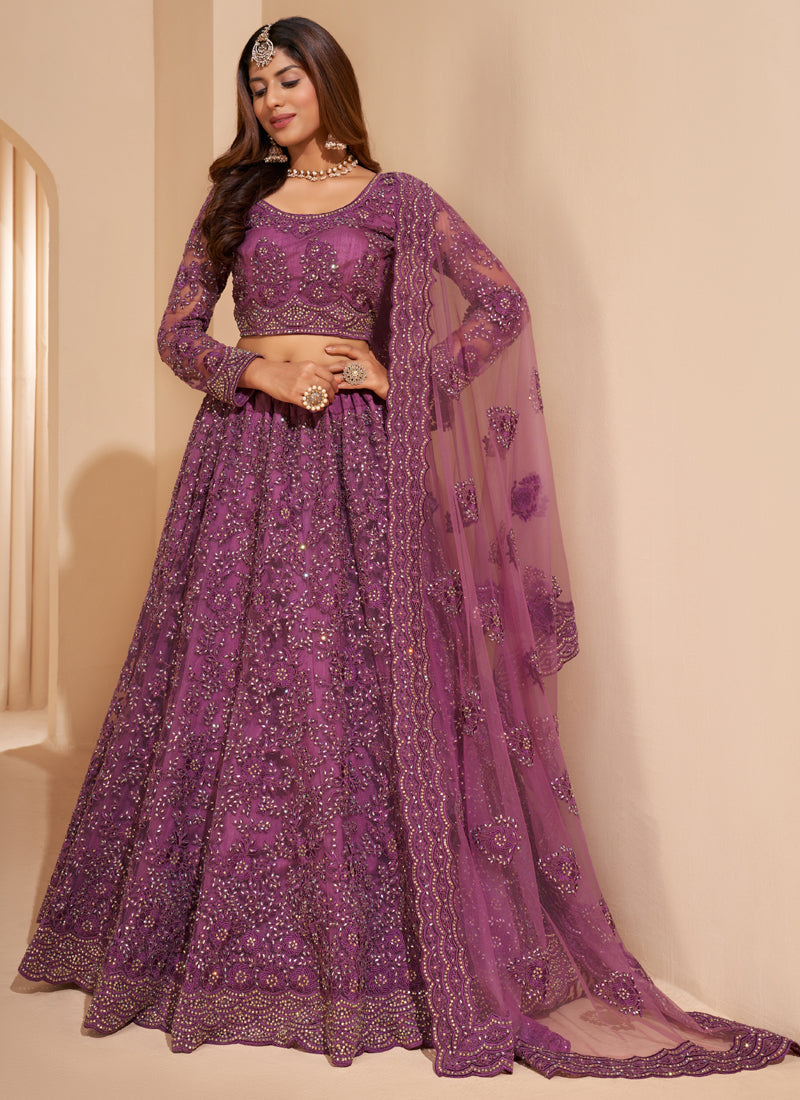 Onion pink embroidered designer net lehenga choli set