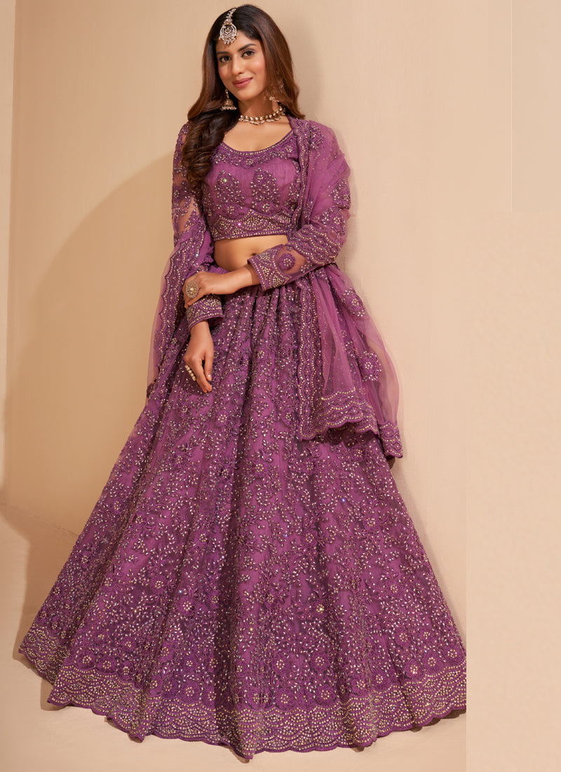 Onion Pink Net Embroidery Designer Lehenga Choli Set