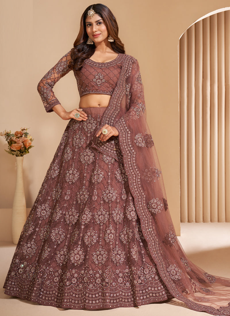 Elegant brown embroidered net lehenga choli set with dupatta