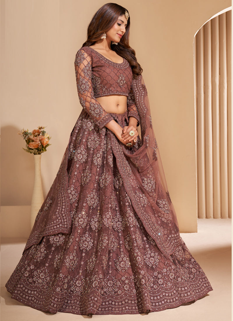 Brown Net Embroidered Lehenga Choli Set for Wedding & Festive