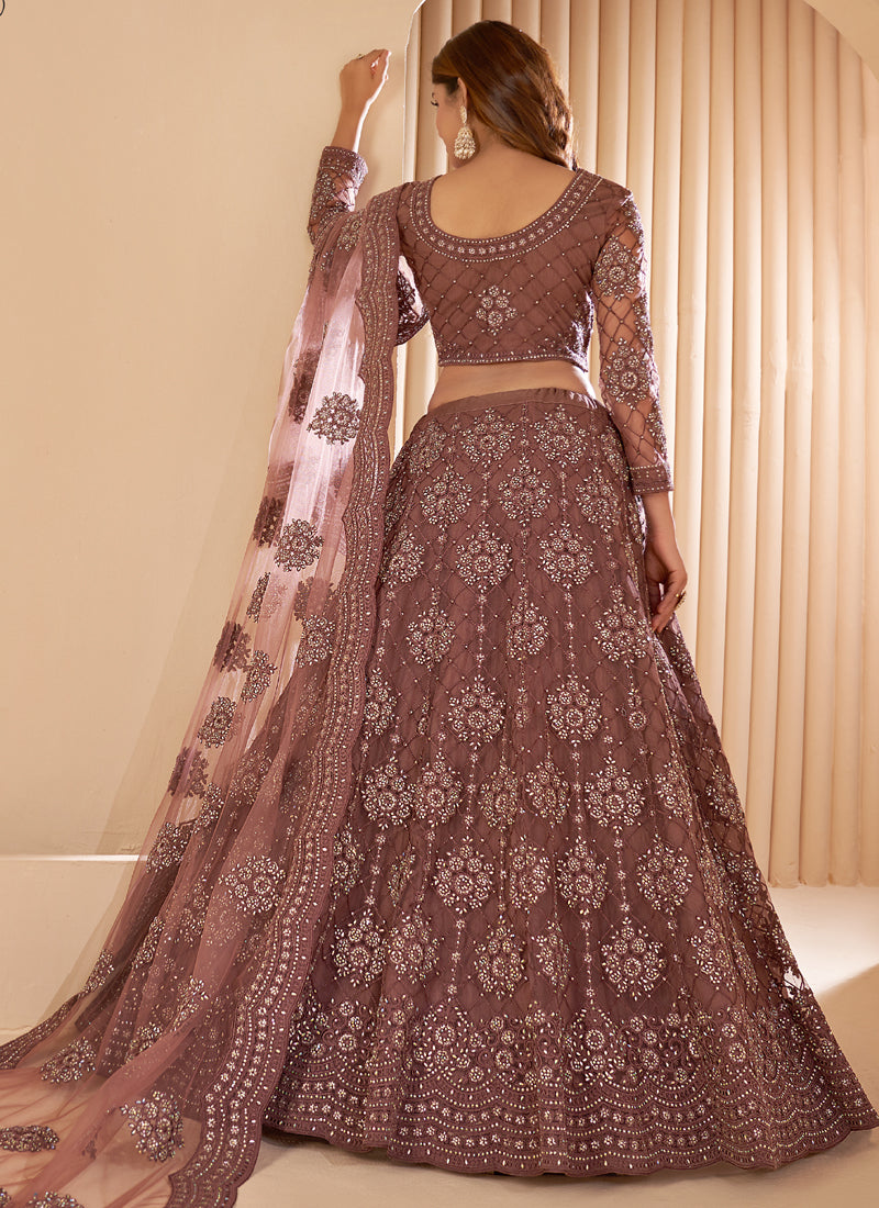 Brown Net Embroidered Lehenga Choli Set for Wedding & Festive