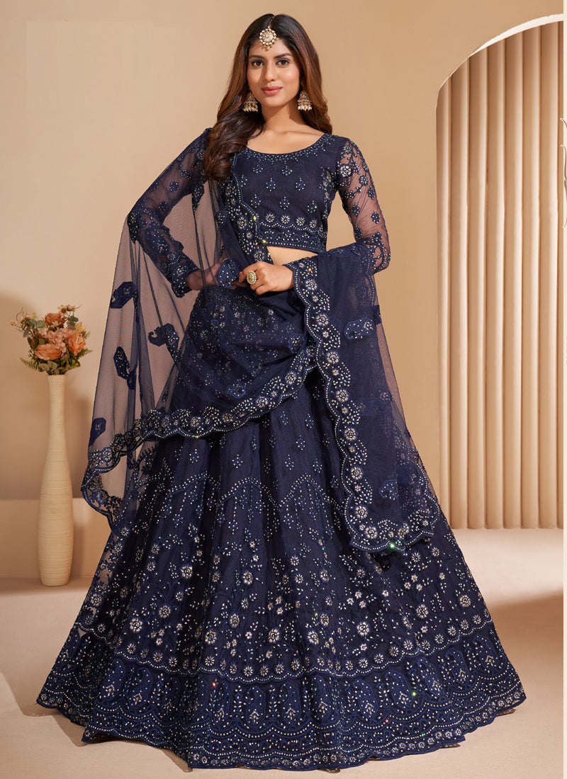 Navy blue net designer lehenga with embroidery and dupatta