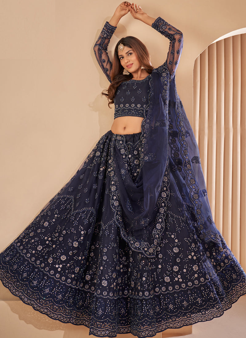 Navy Blue Net Embroidered Designer Lehenga Choli Set