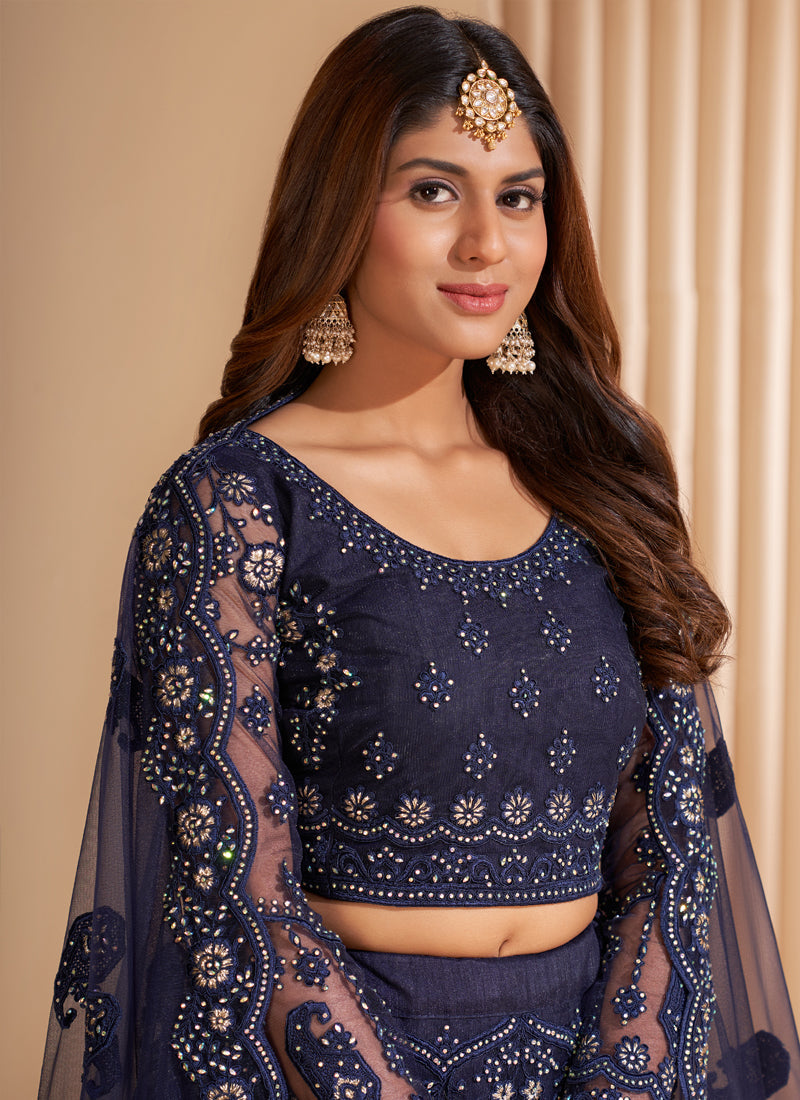 Navy Blue Net Embroidered Designer Lehenga Choli Set