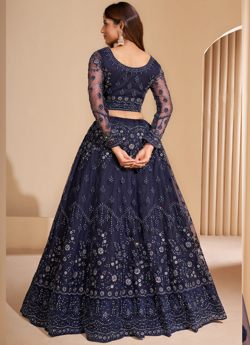 Navy Blue Net Embroidered Designer Lehenga Choli Set