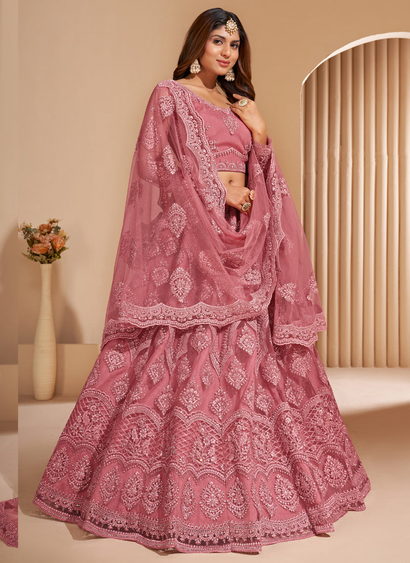 Peach Net Embroidery Designer Lehenga Choli Set