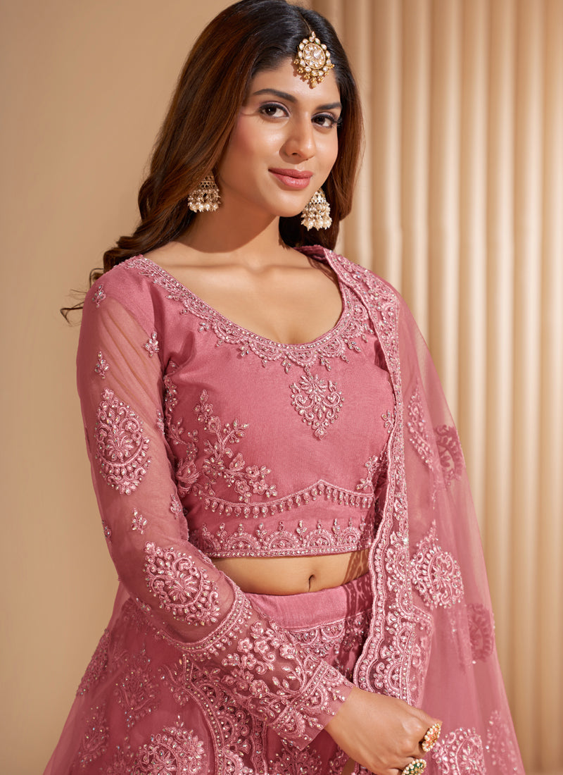 Peach Net Embroidery Designer Lehenga Choli Set