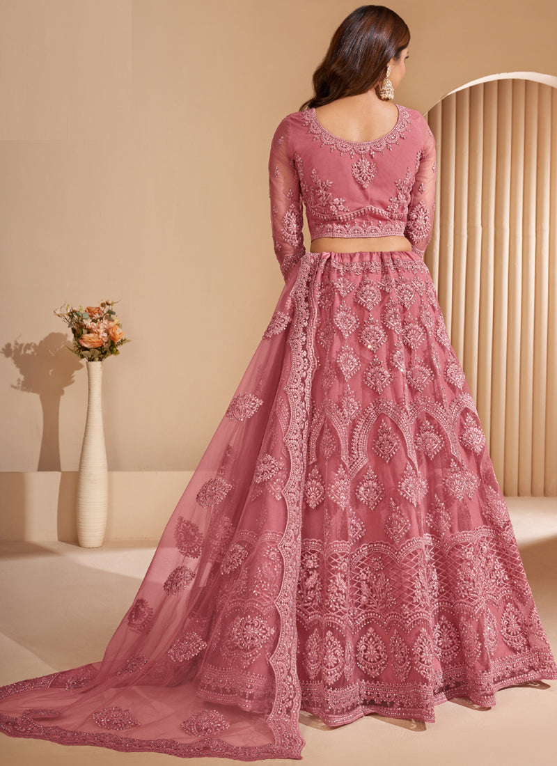 Peach Net Embroidery Designer Lehenga Choli Set