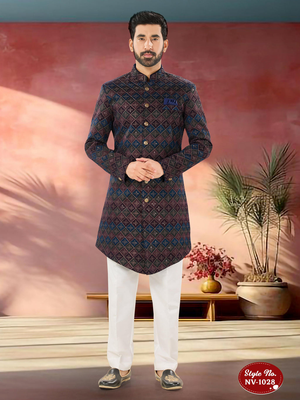 Men's blue velvet Indo-Western kurta with multi-colored thread and sequence embroidery