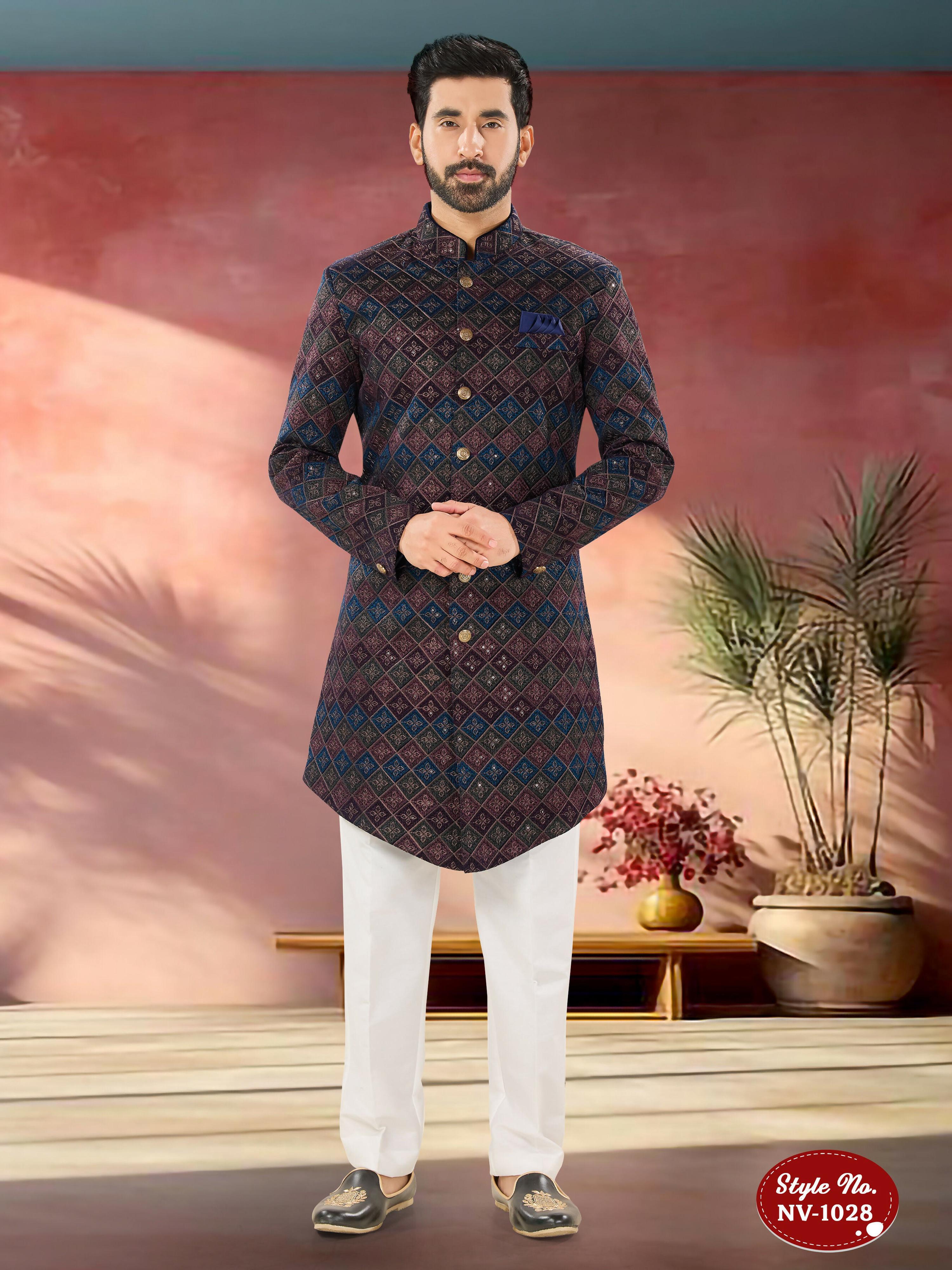 Men's blue velvet Indo-Western kurta with multi-colored thread and sequence embroidery