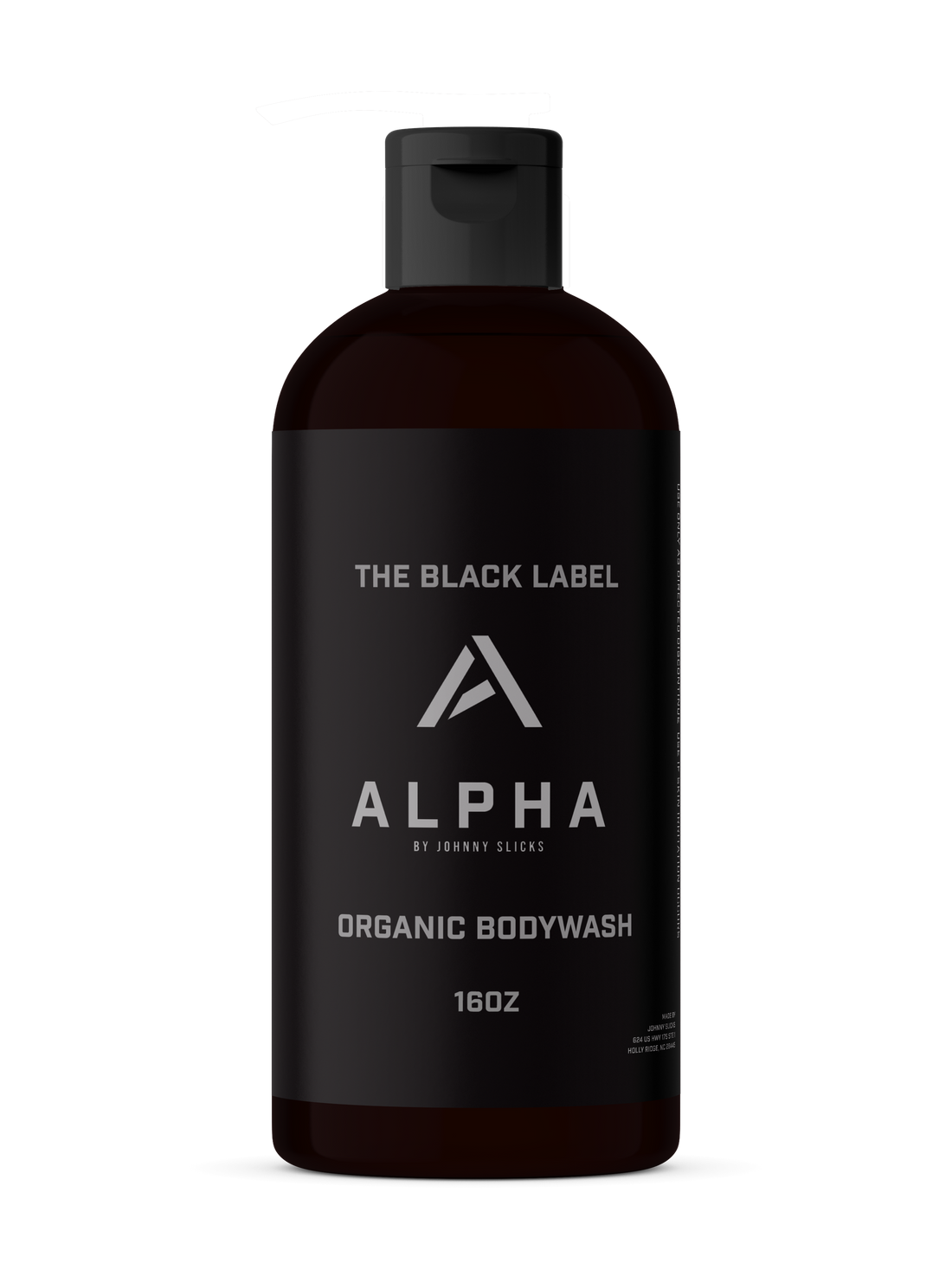 Alpha Organic Body Wash bottle by Johnny Slicks with black label and 16oz capacity