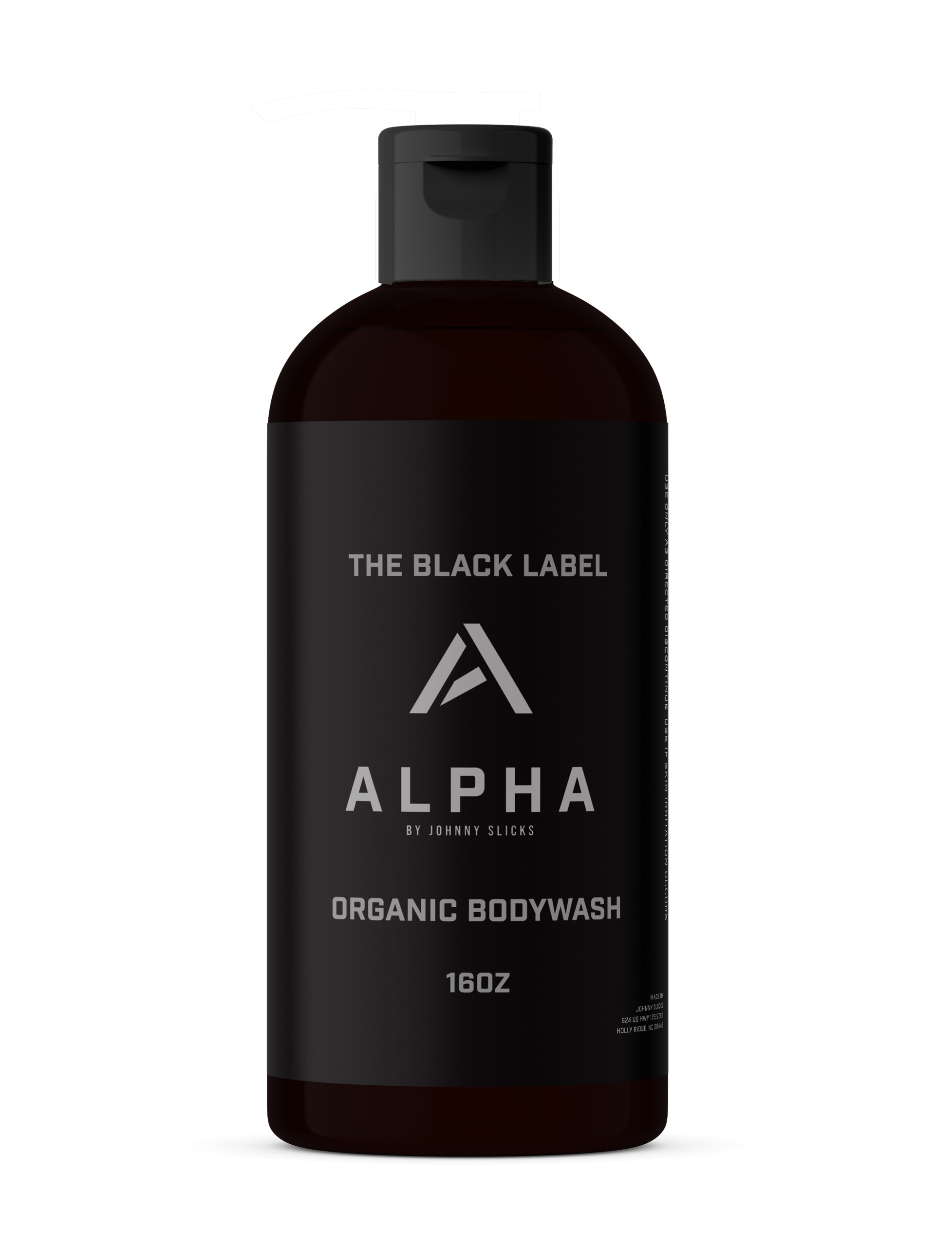 Alpha Organic Body Wash bottle by Johnny Slicks with black label and 16oz capacity