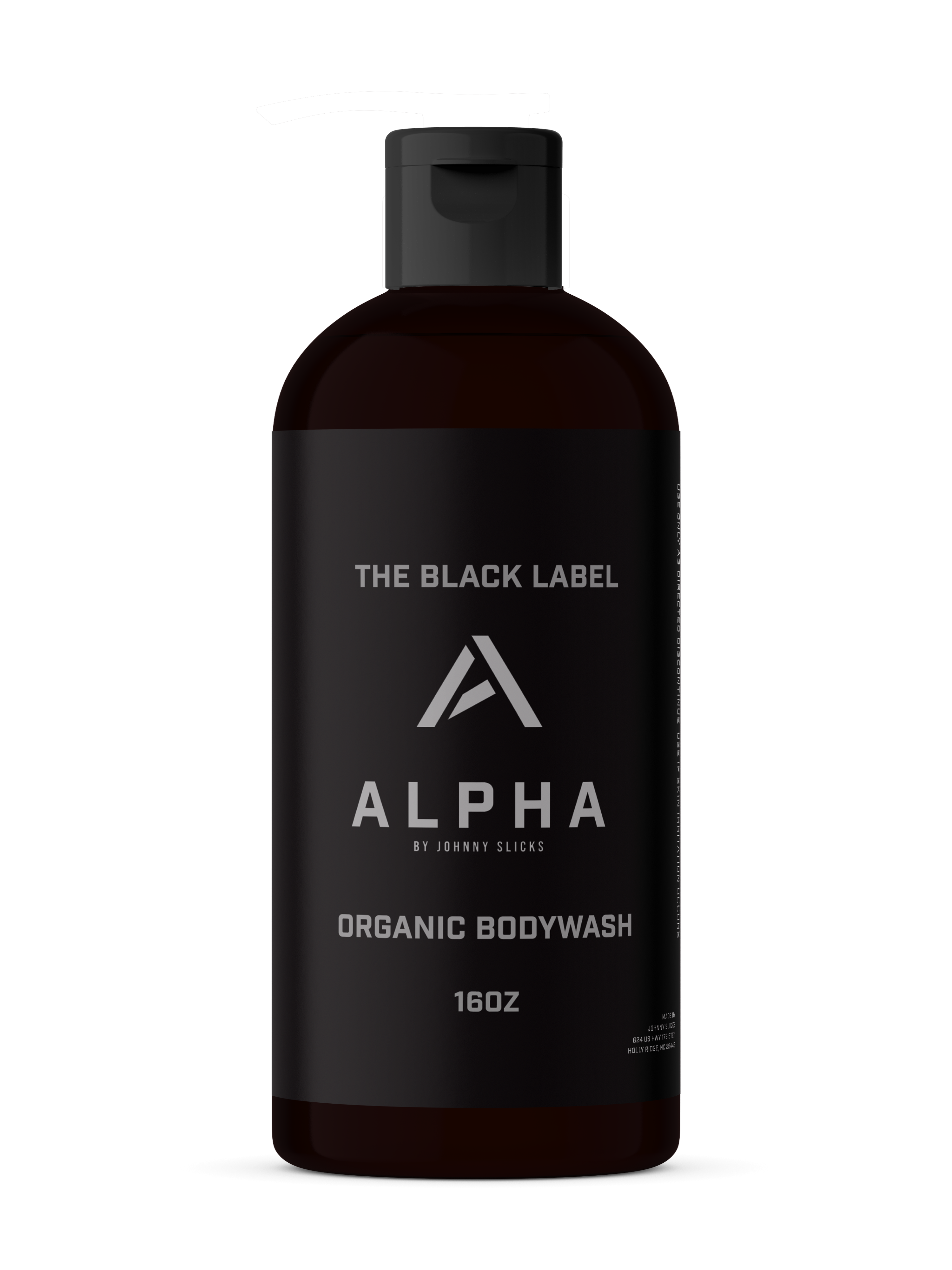 Alpha Organic Body Wash bottle by Johnny Slicks with black label and 16oz capacity