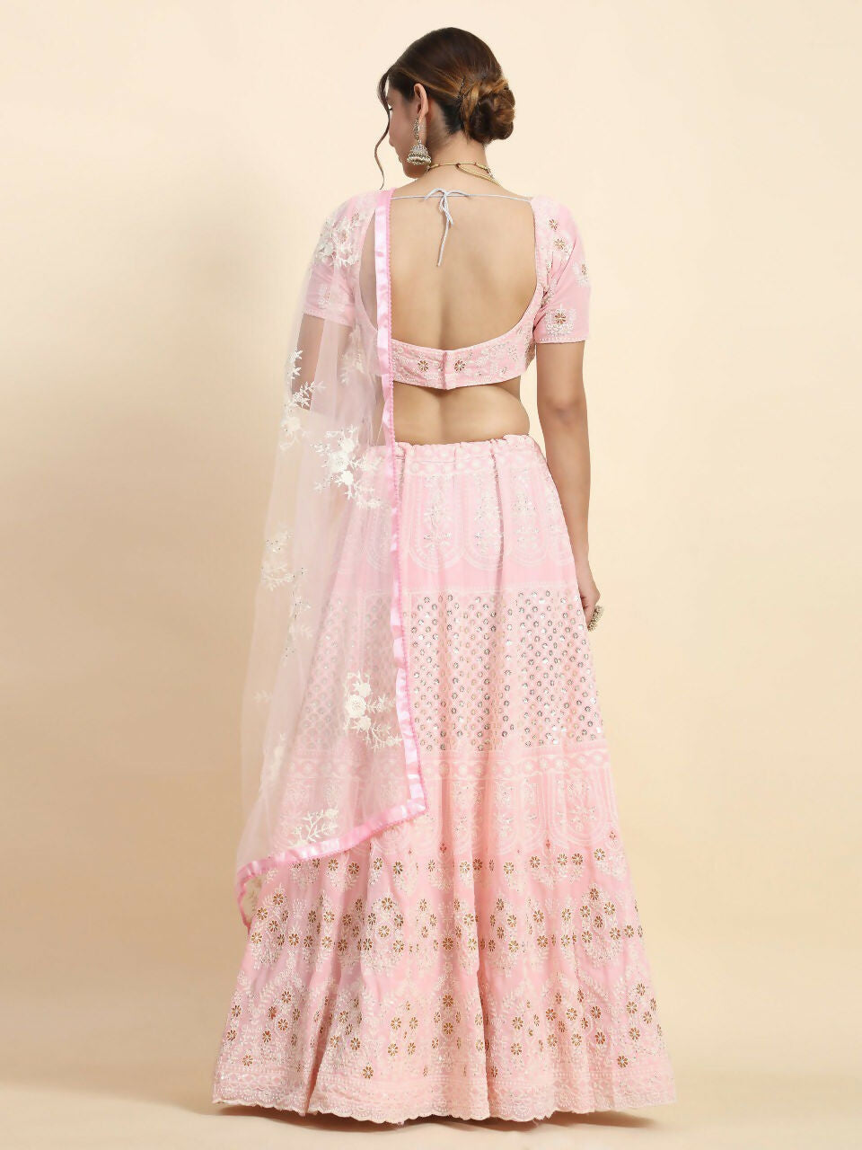 Baby Pink Faux Georgette Lehenga Choli with Sequins and Embroidery