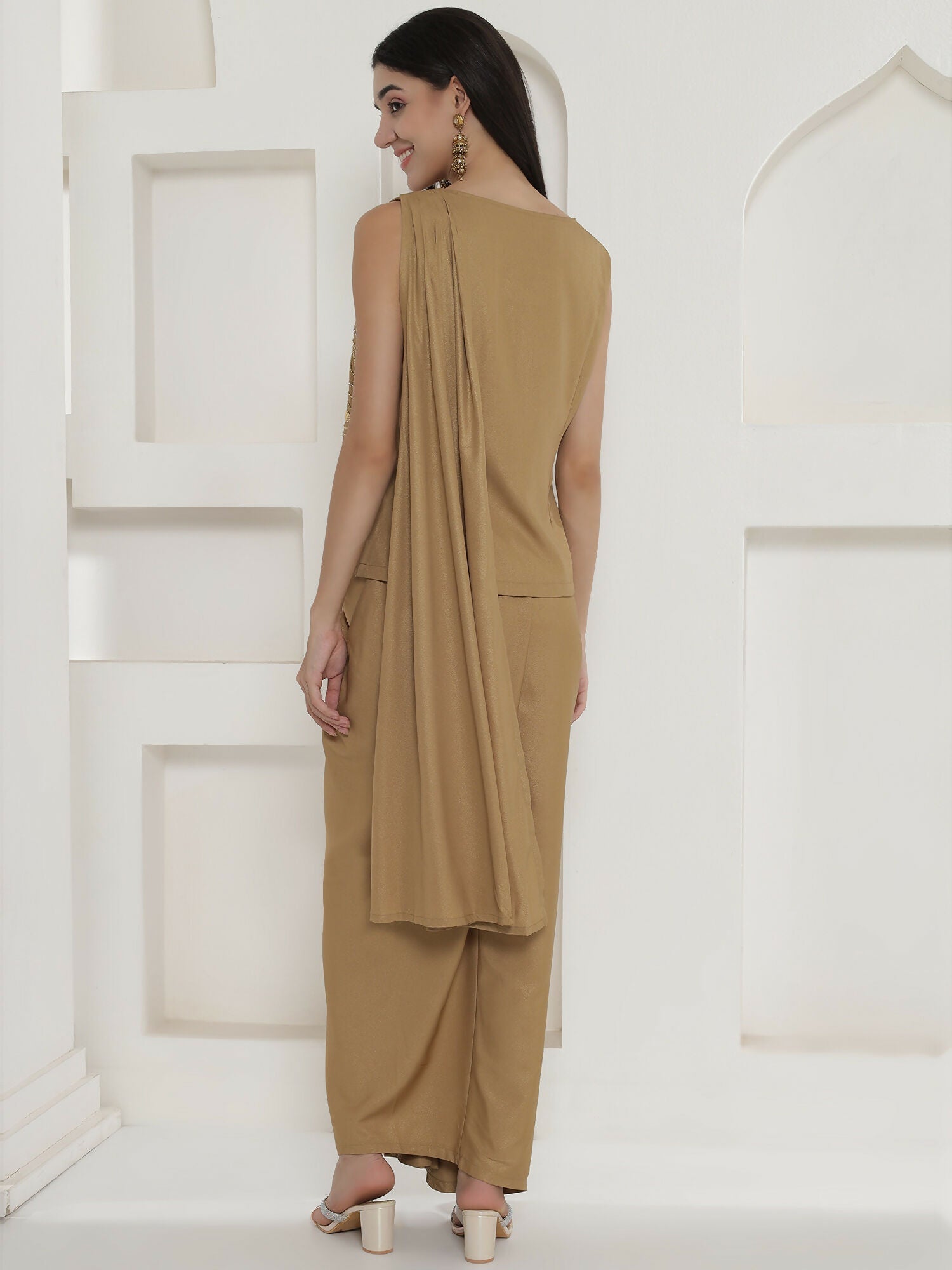 Golden Shimmer Chinnon Skirt Set with Hand Embellishment