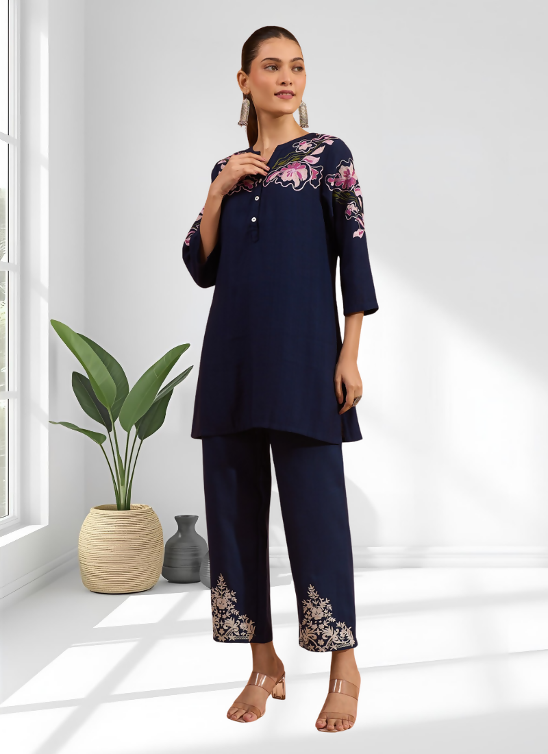 Navy Blue Embroidered Cotton Linen Cord Set - Split V-Neck