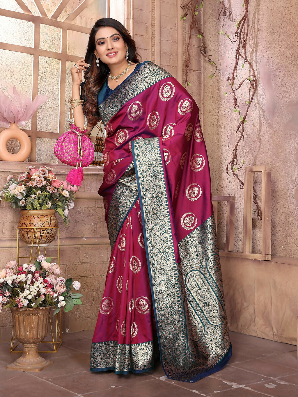 Magenta Banarasi Soft Silk Woven Saree for Weddings