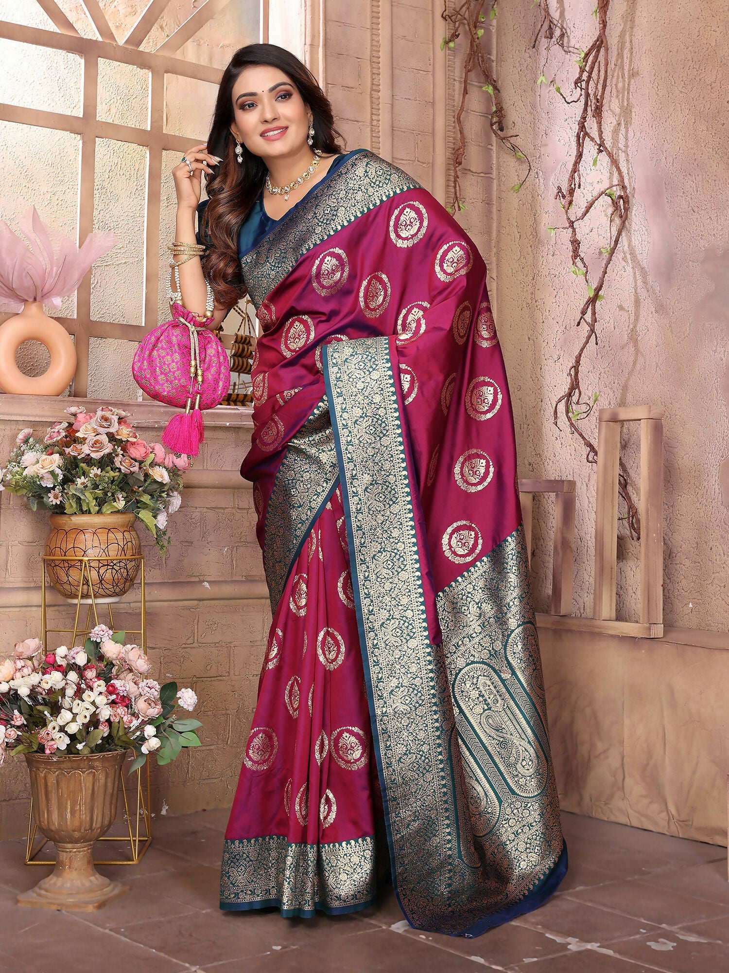 Magenta Banarasi Soft Silk Woven Saree for Weddings