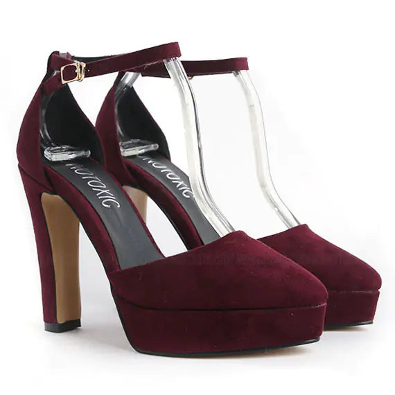 Women's Wine Suede Chunky Heels with Ankle Strap - Image 21