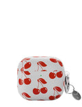 White AirPods case with a red cherry pattern and an attached silver keyring.