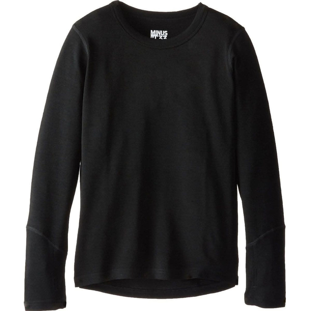 A sporty kid wearing a long sleeve midweight merino wool base layer in solid black.