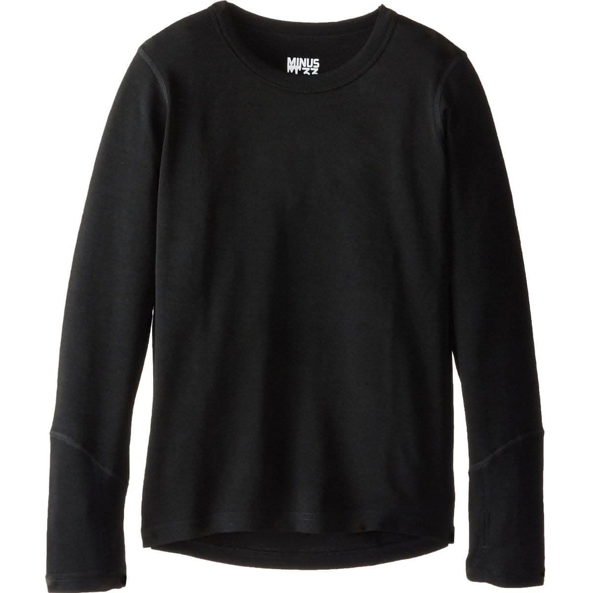 A sporty kid wearing a long sleeve midweight merino wool base layer in solid black.