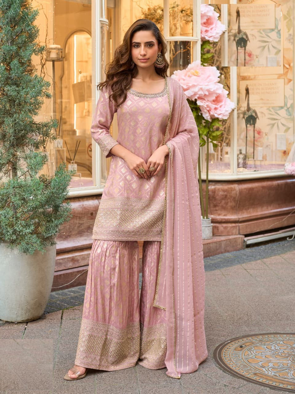 Aarshi Fashions baby pink shimmer silk straight kurta and sharara set with matching dupatta