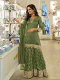 Aarshi Fashions leaf green shimmer silk straight kurta with matching sharara pants and dupatta