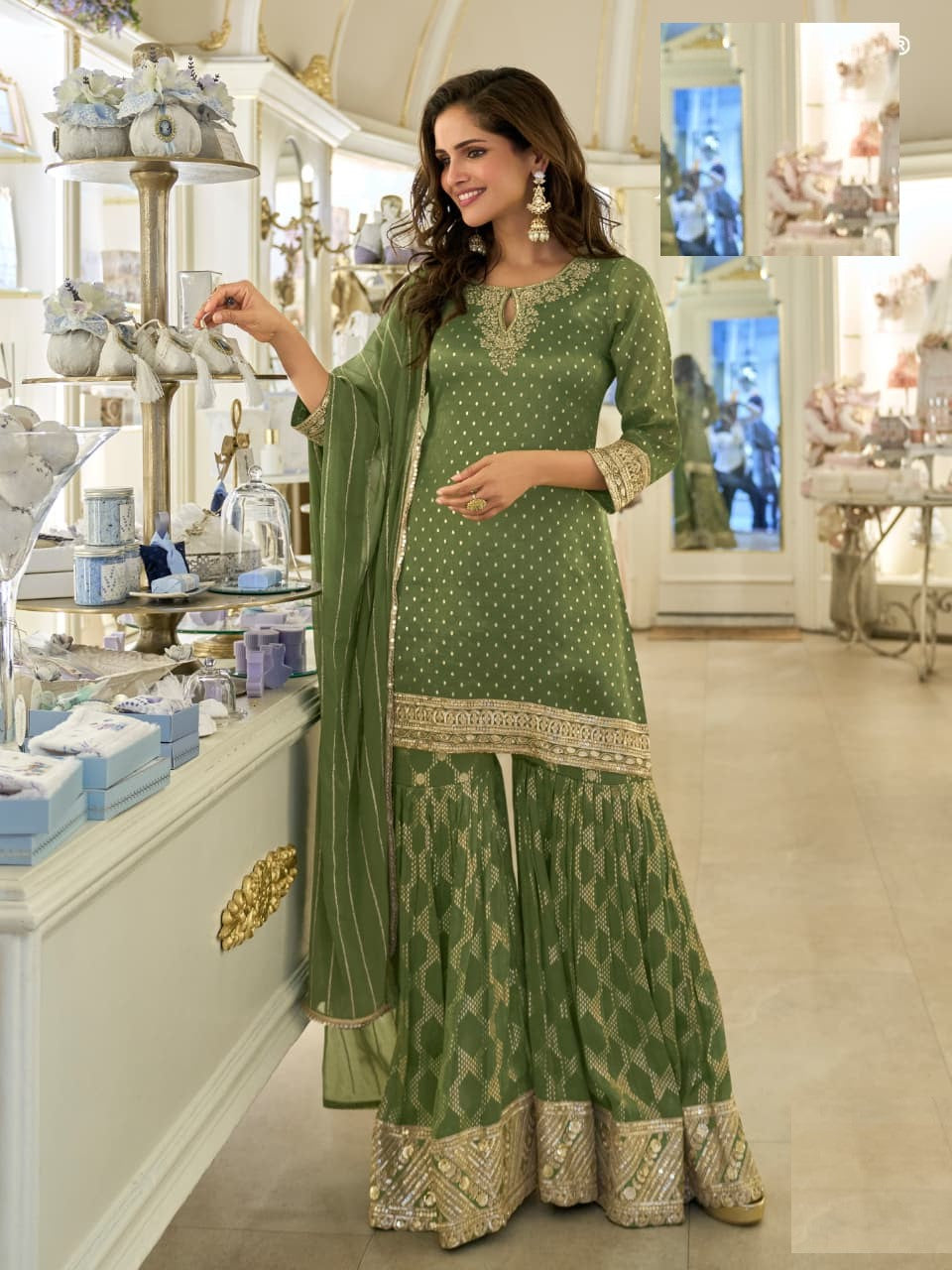Aarshi Fashions leaf green shimmer silk straight kurta with matching sharara pants and dupatta