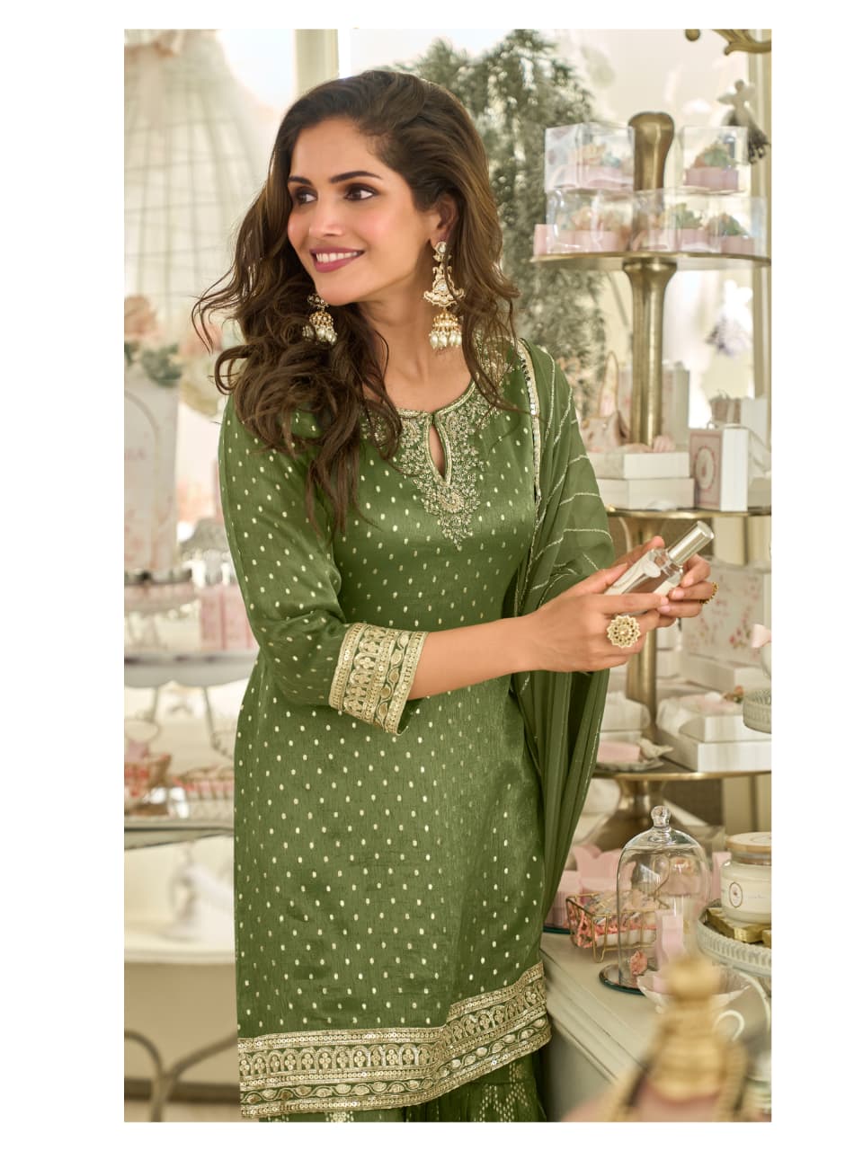 Leaf Green Shimmer Silk Sharara Suit Set Full Stitched Kurta