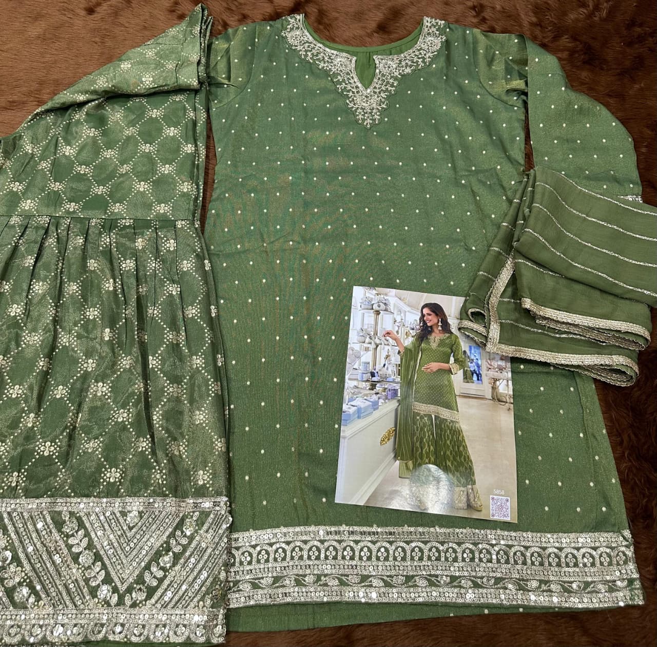 Leaf Green Shimmer Silk Sharara Suit Set Full Stitched Kurta