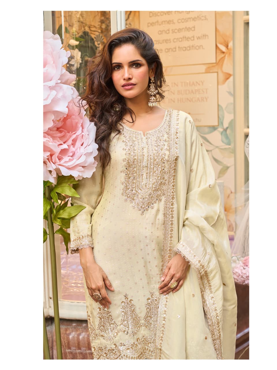 Ivory Shimmer Silk Full Stitched Sharara Suit Set