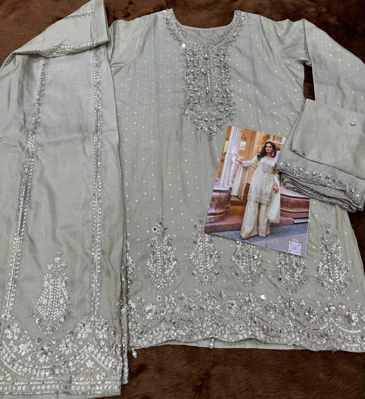 Ivory Shimmer Silk Full Stitched Sharara Suit Set