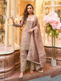 Aarshi Fashions peach shimmer silk straight kurta with matching sharara pants and dupatta