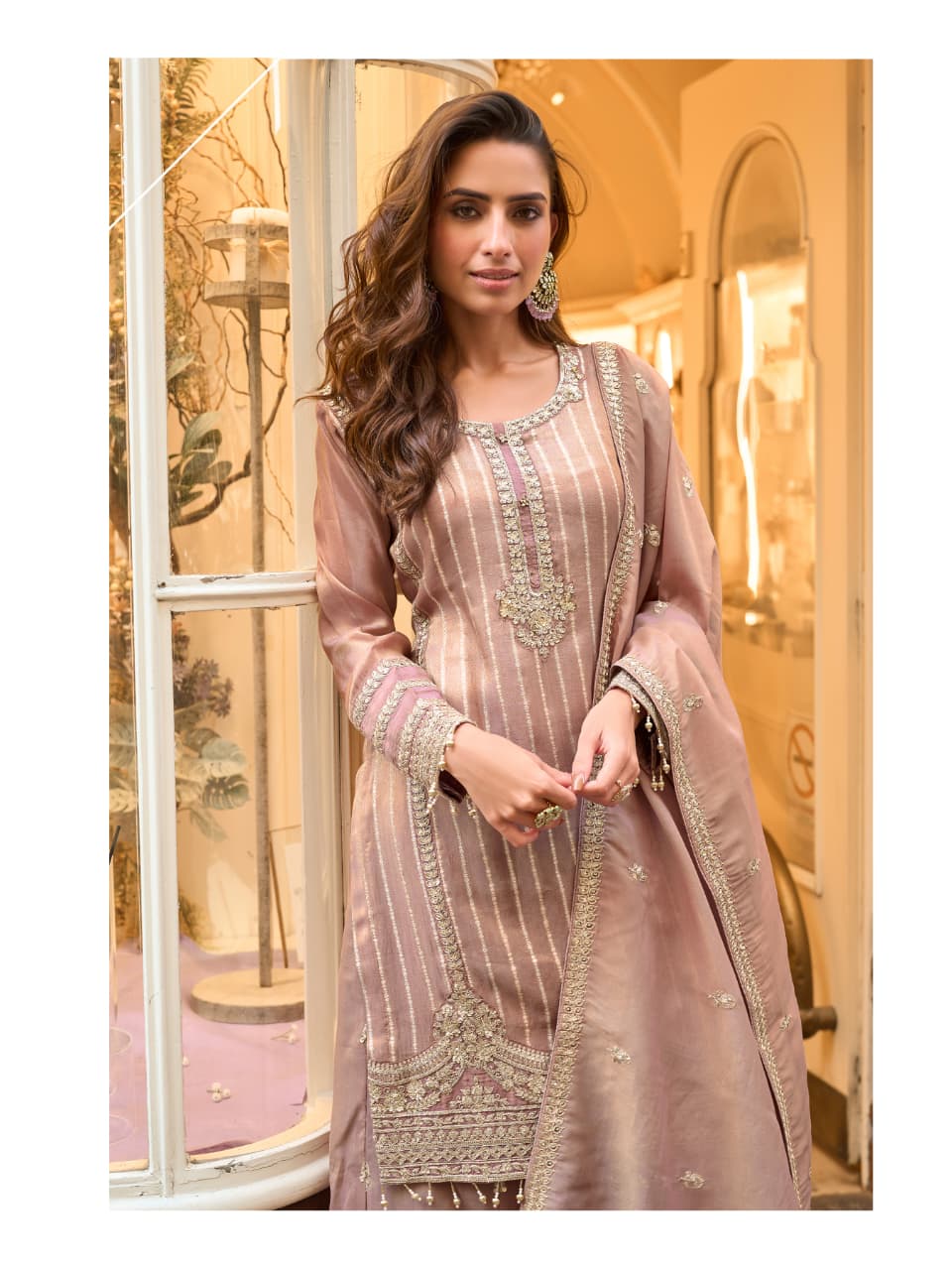Peach Shimmer Silk Full Stitched Sharara Suit for Women