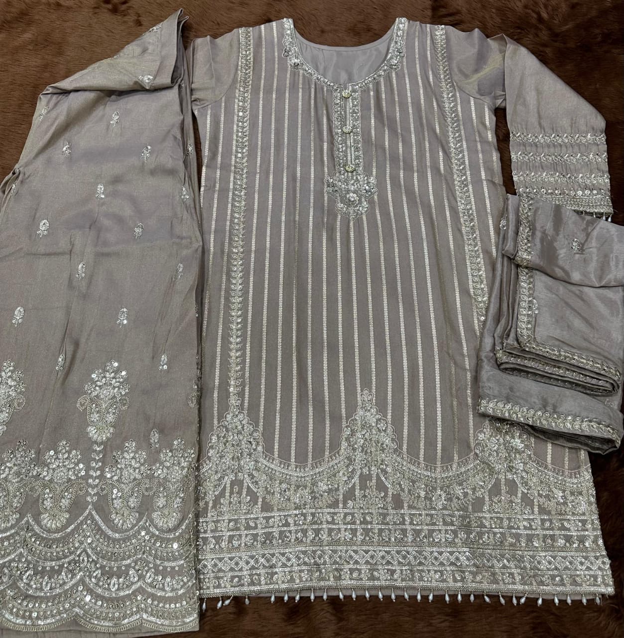 Peach Shimmer Silk Full Stitched Sharara Suit for Women