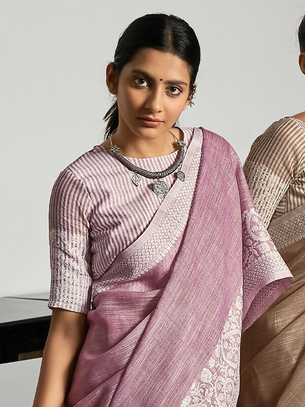 Elegant Mauve Woven Linen Saree with Contrast Zari Border & Tassels